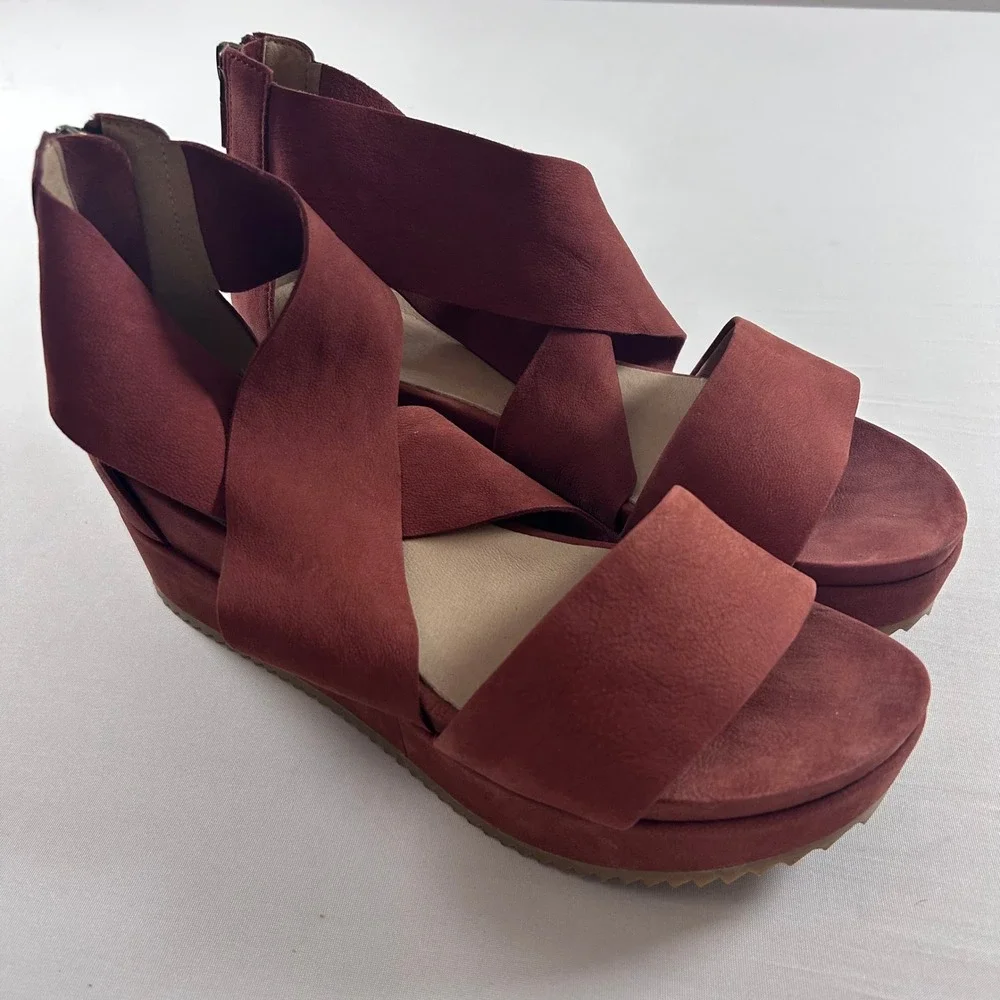 Eileen Fisher Elon Platform Wedge Sandals Womens 8.5 Dusty Red Nubuck Leather